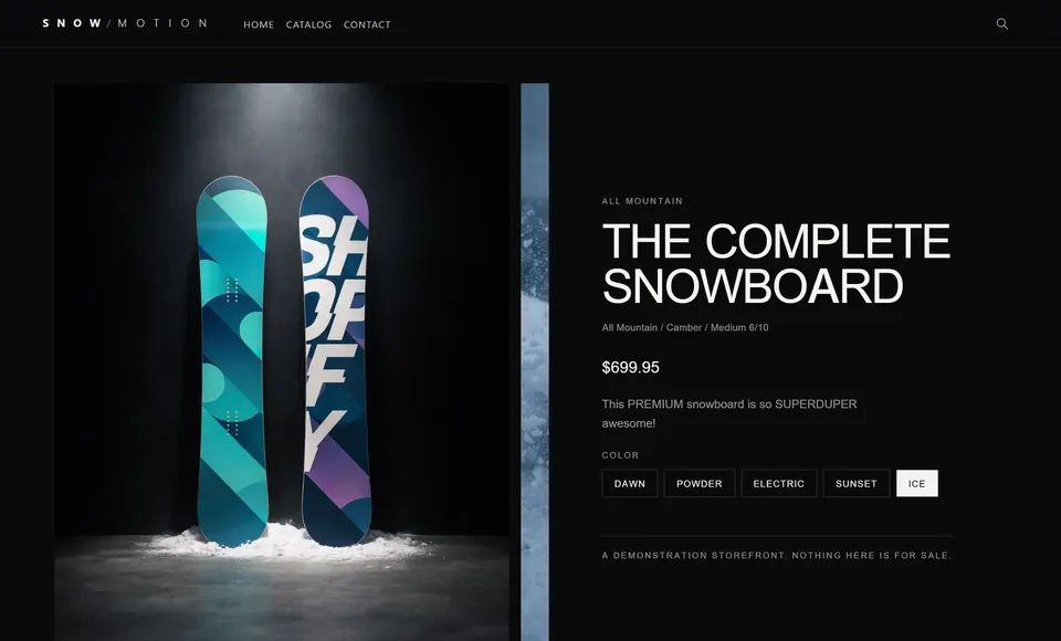 Snow / Motion product page for The Complete Snowboard: terrain, profile and flex read from product metafields, colour variants, and the line “A demonstration storefront. Nothing here is for sale.”