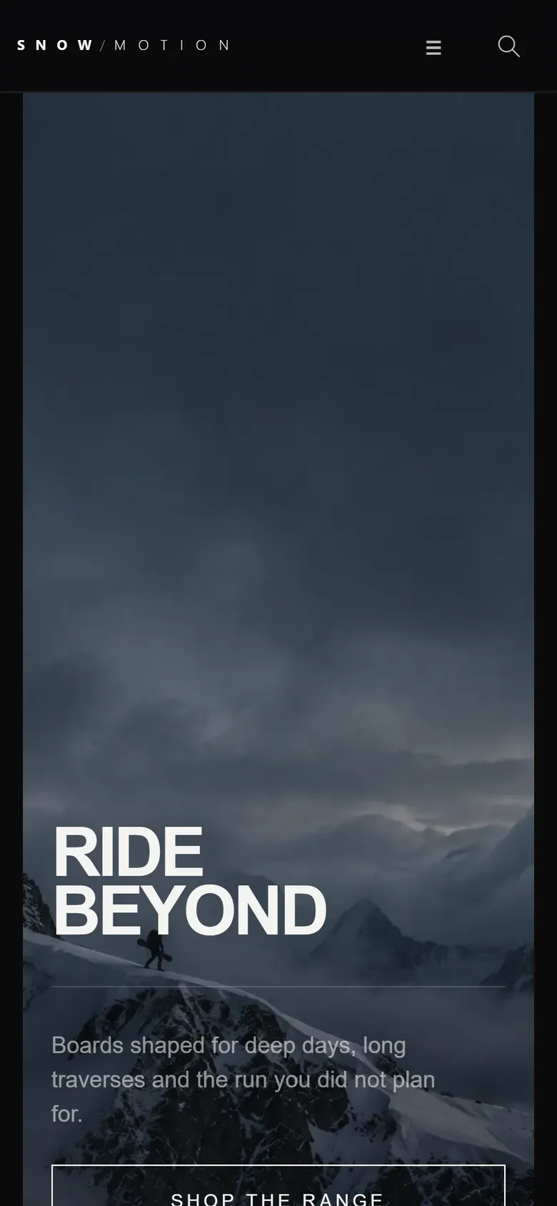 Snow / Motion homepage on a phone, with the “Ride beyond” hero.