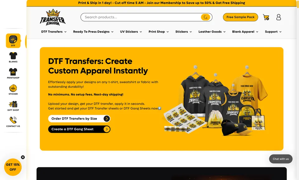 Transfer Kingdom homepage: the 5 AM cut-off bar above the header, and two primary paths, order DTF transfers by size or create a gang sheet.
