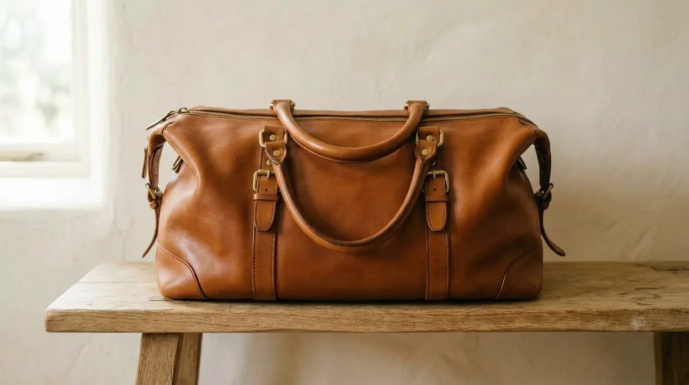 The same leather weekender bag after cleaning and conditioning, an even cognac tone