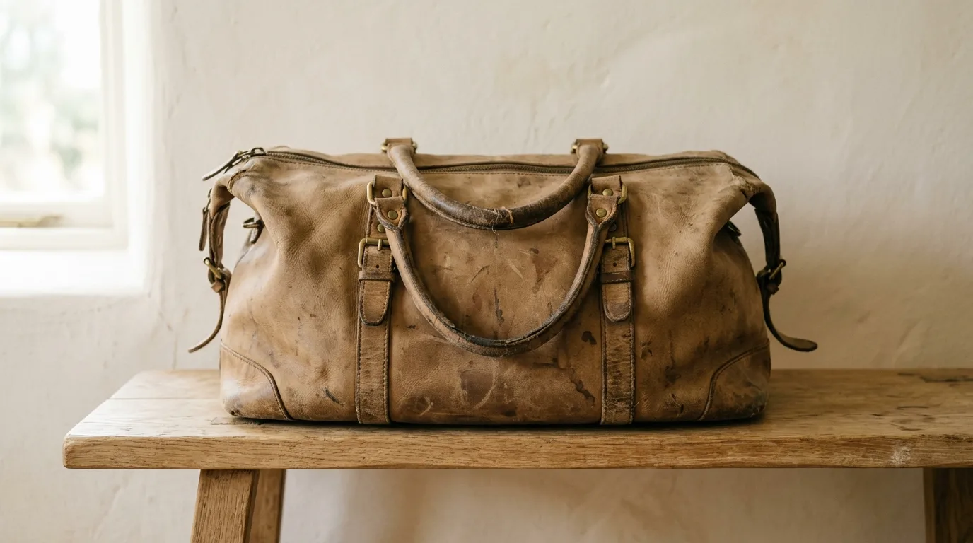 Worn tan leather weekender bag with scuffs and water stains on an oak bench