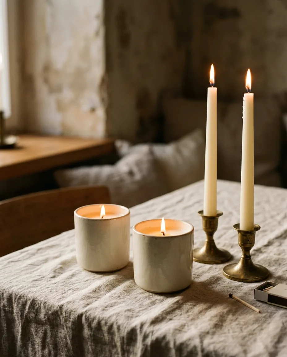 Lit candles in ceramic vessels and tapers in brass holders on linen