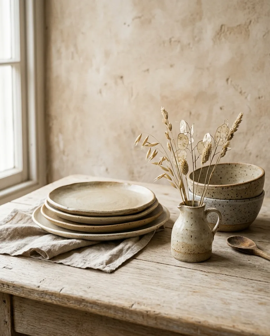 Stacked stoneware plates, speckled bowls and a small jug on an oak table