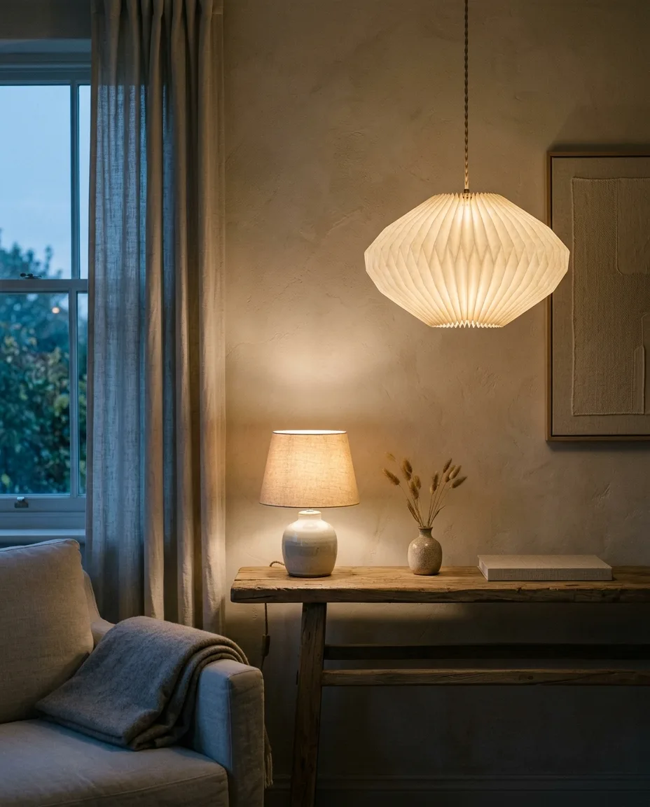 A pleated paper pendant and a ceramic table lamp glowing at dusk