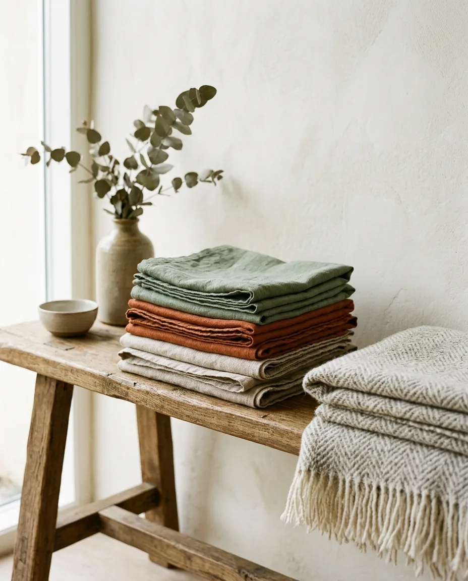 Folded linen napkins in sage, rust and oatmeal beside a wool throw
