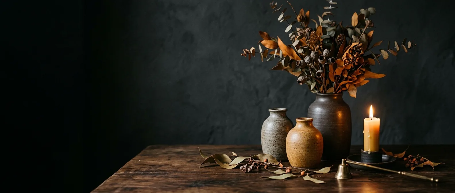 Stoneware vases, dried eucalyptus and a lit beeswax candle on a dark walnut table