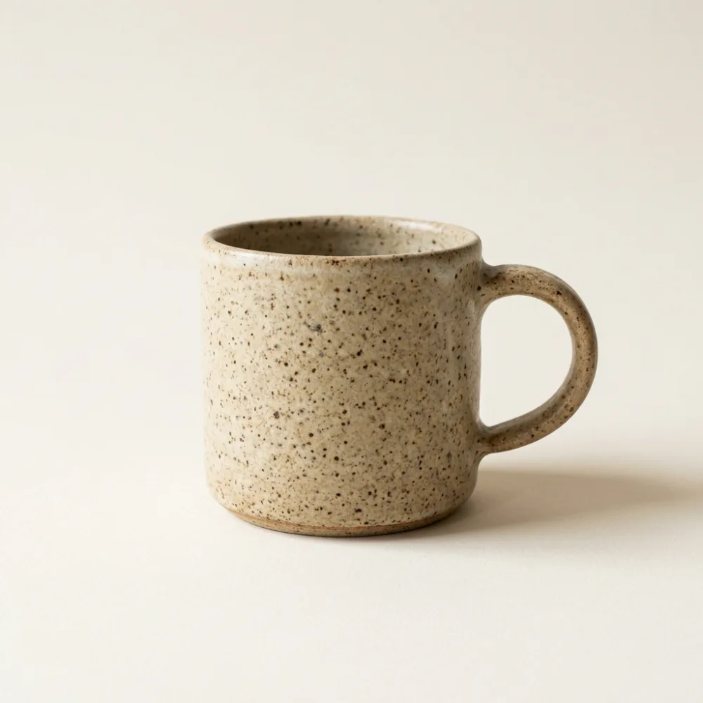Speckled oatmeal stoneware mug with a rounded handle