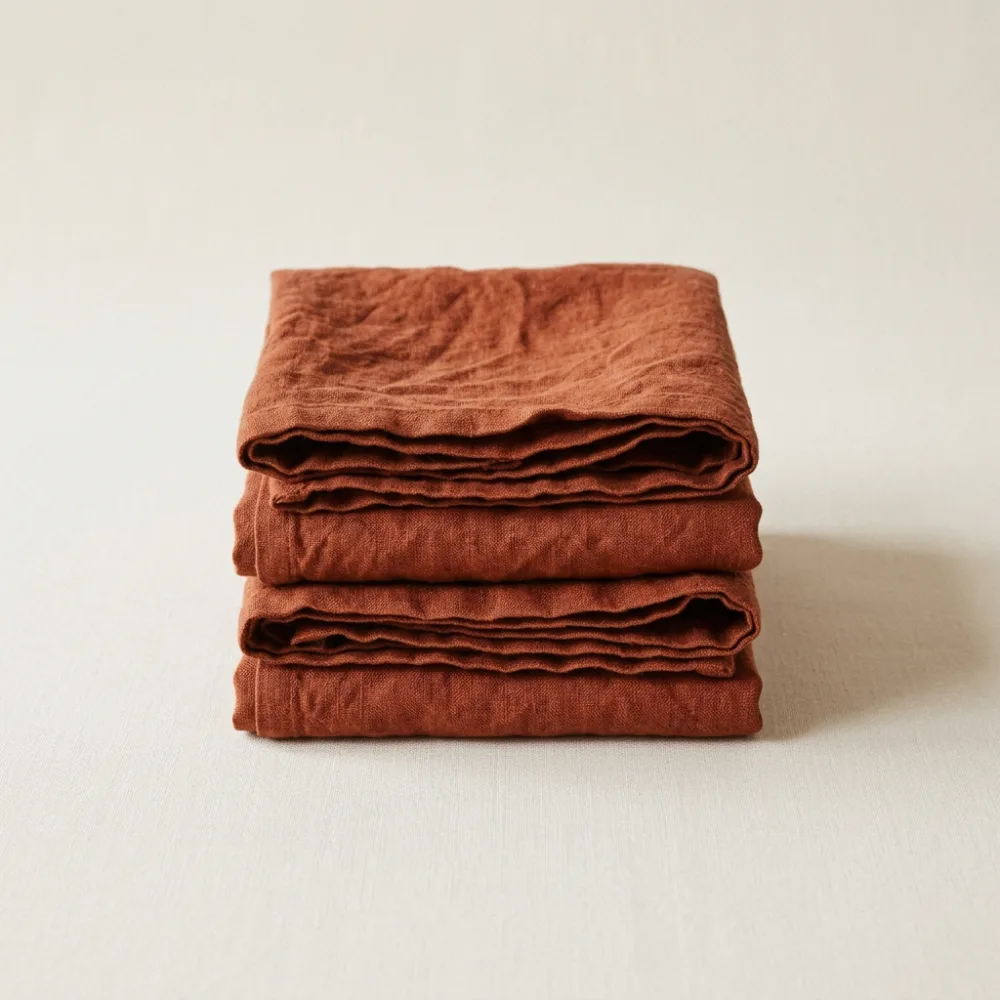 Stack of folded rust linen napkins
