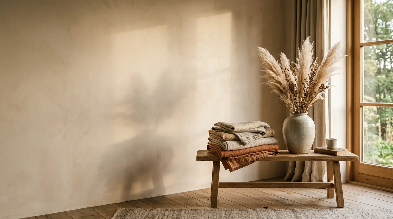 Folded linen throws and a stoneware vase of dried grasses on an oak bench in afternoon light