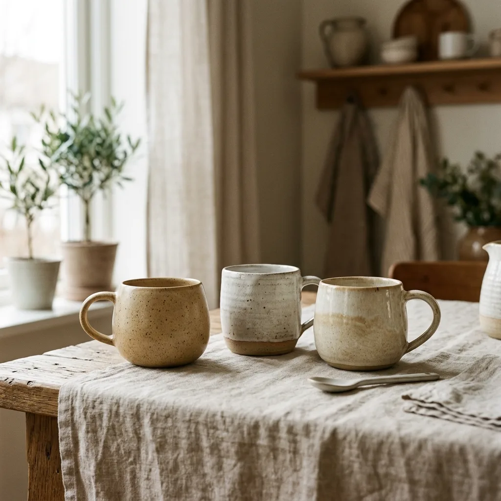 Three stoneware mugs on a linen-covered table