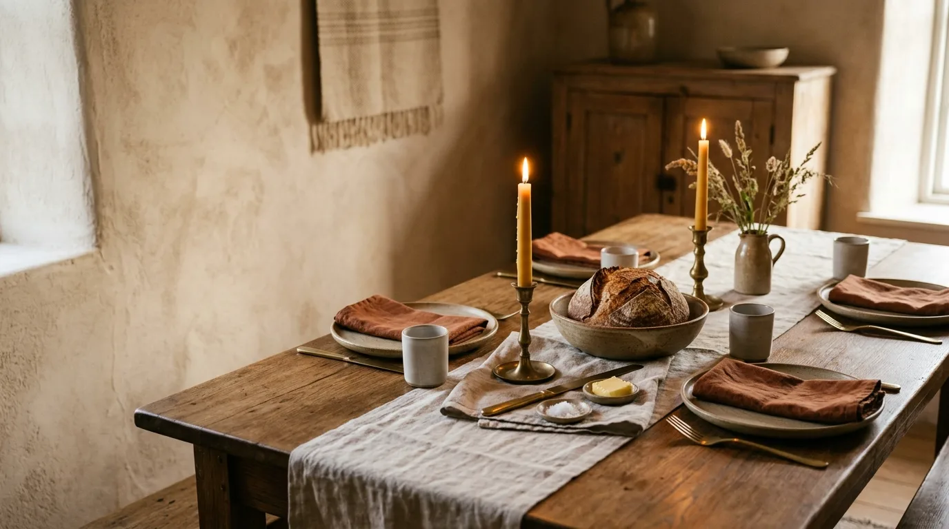 A wooden dining table set with sand-glazed plates, rust linen napkins and lit beeswax candles