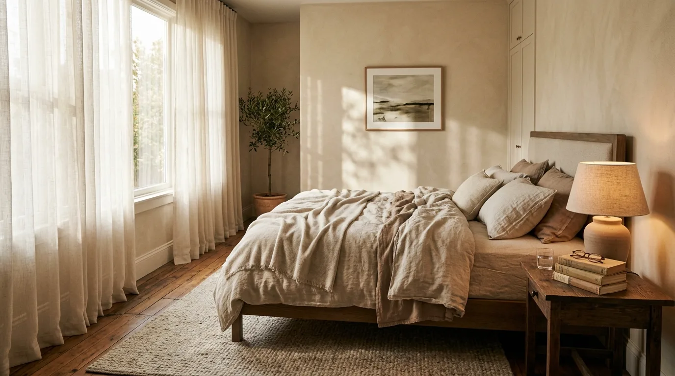 A bed made up with rumpled oat and clay linen in morning sunlight