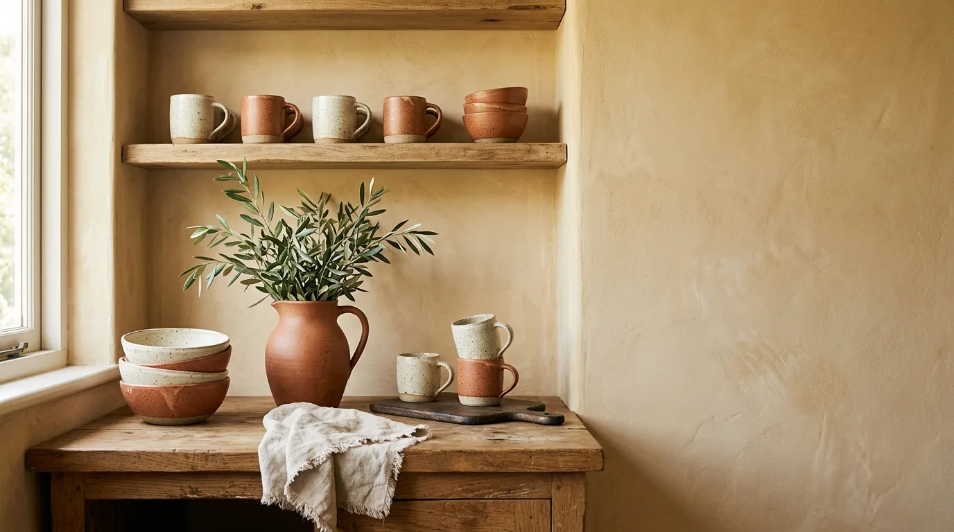 Speckled stoneware mugs and bowls on an oak shelf and counter beside olive branches in a jug