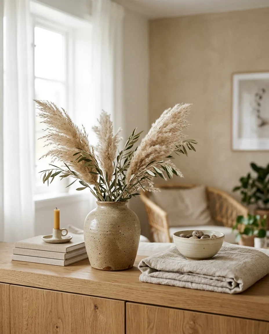 Speckled stoneware vase with pampas and olive branches on an oak sideboard