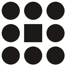 Fictional partner mark: grid of dots around a square
