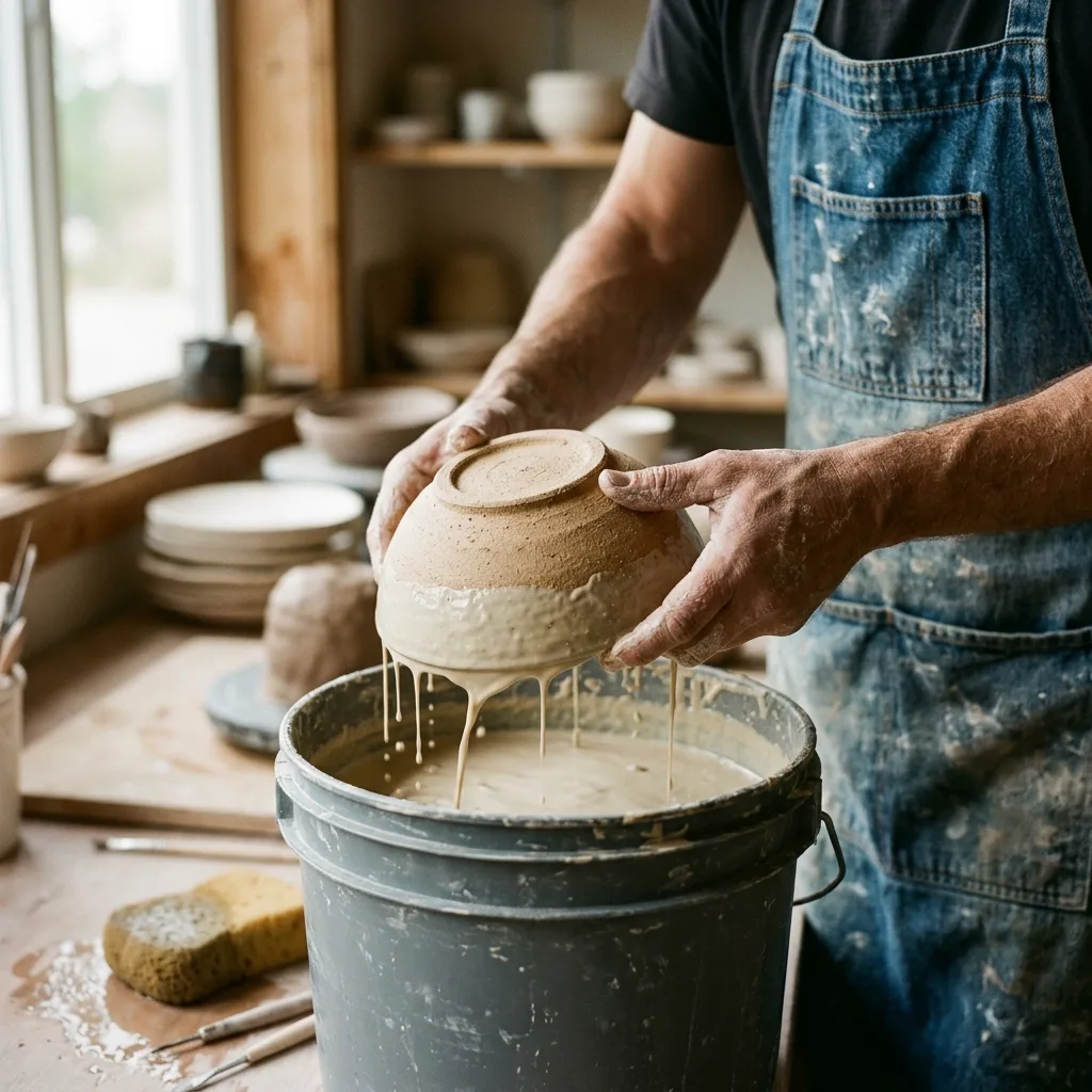 Hands lifting a bisque bowl out of a bucket of oatmeal glaze