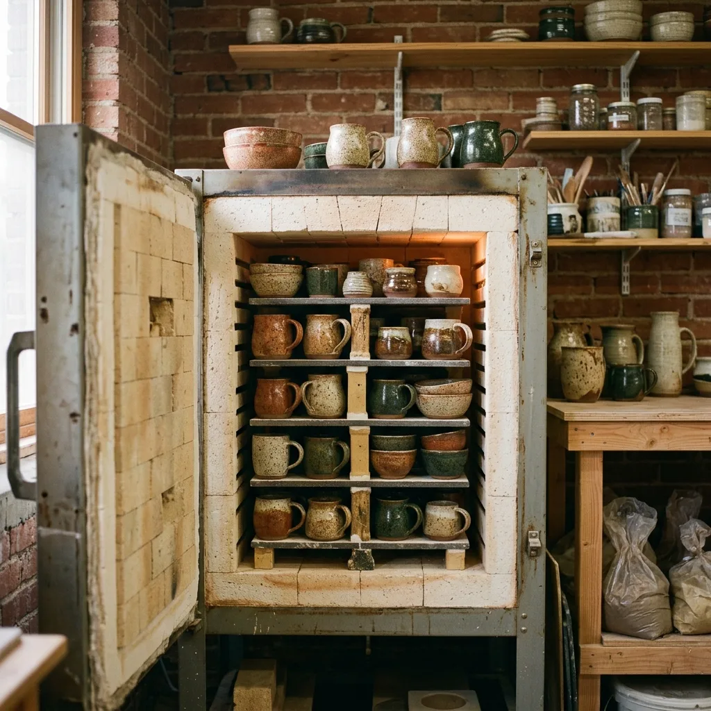 Open studio kiln with shelves of freshly fired speckled mugs