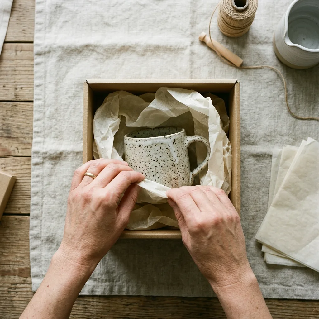 Hands wrapping a speckled mug in tissue paper inside a kraft box