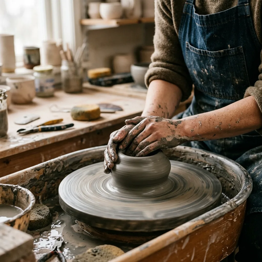 Clay-covered hands centering stoneware clay on a potter's wheel