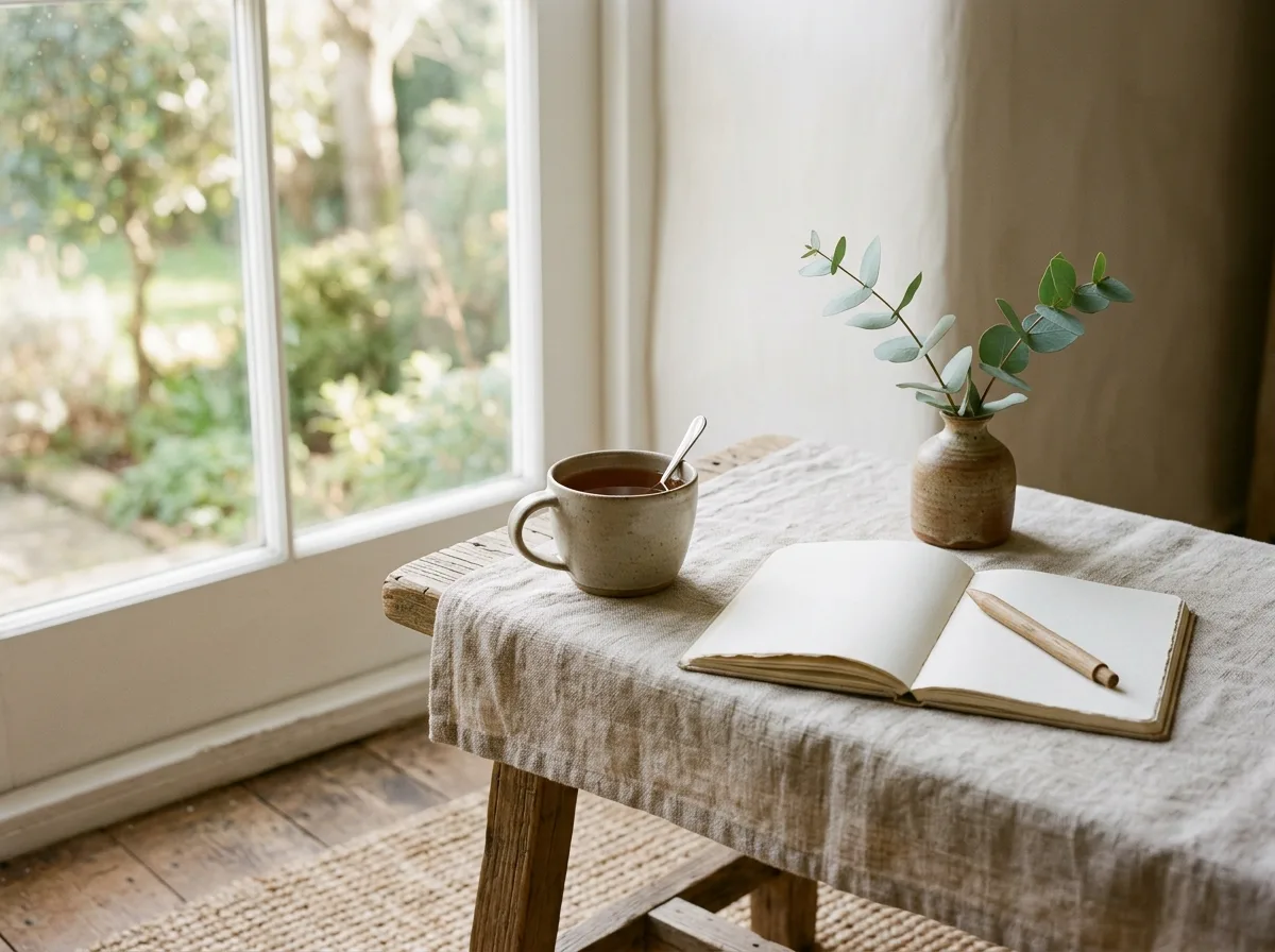 A ceramic mug of tea, an open notebook and a sprig of eucalyptus on a linen-covered table by a sunny window