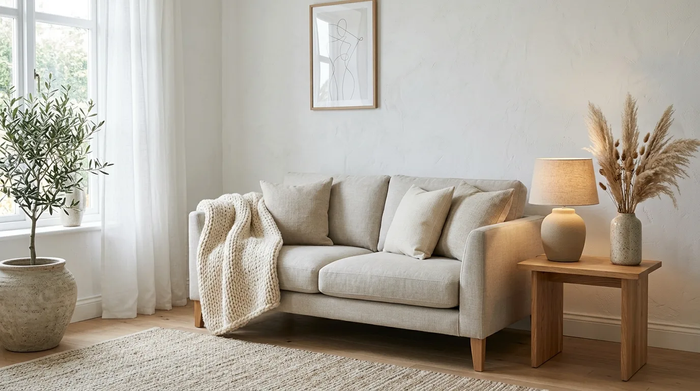 Linen sofa with a cream knit throw, a ceramic table lamp and a speckled vase on an oak side table