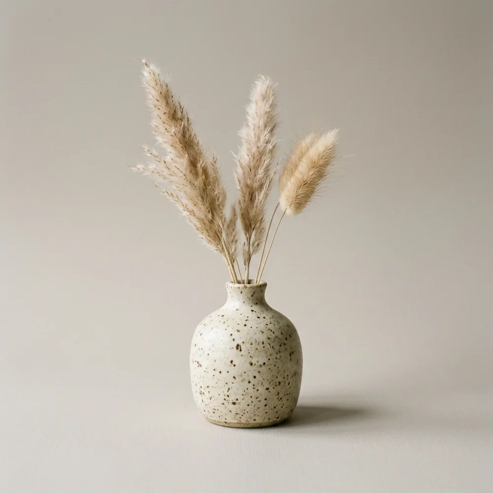 Speckled cream bud vase with dried grasses