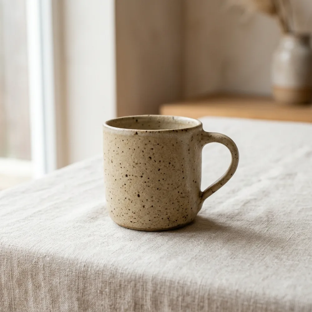 Sand-glazed speckled stoneware mug on a linen tablecloth