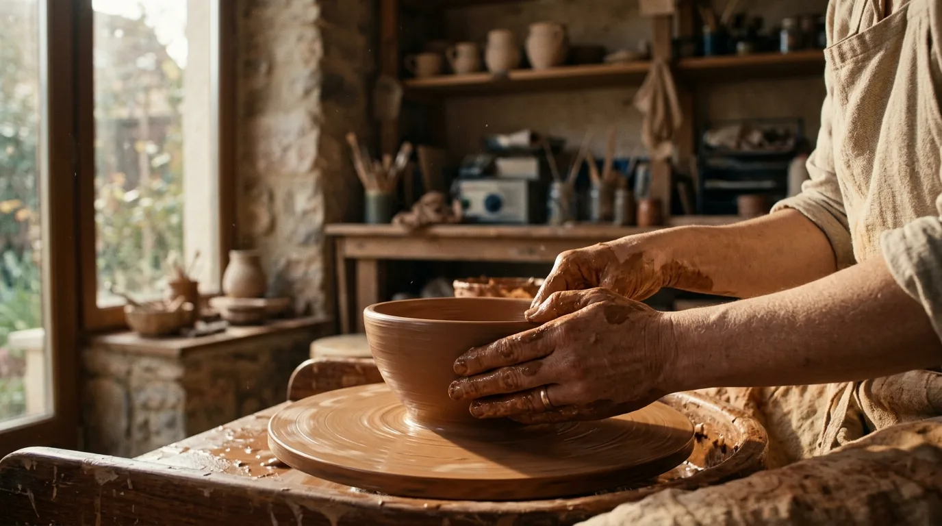 Clay-covered hands shaping a bowl on a potter's wheel in a sunlit studio